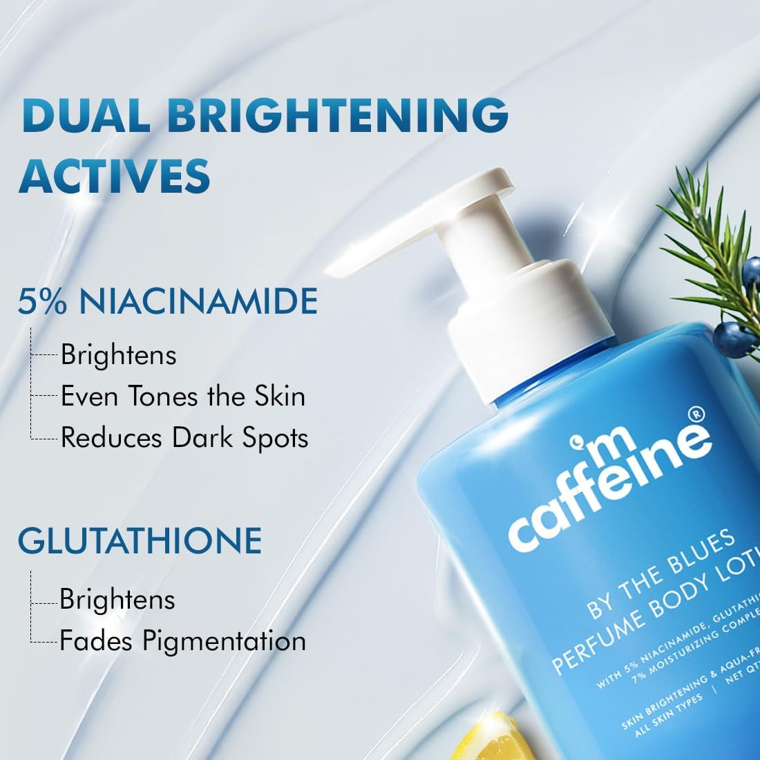 Caffeine skincare product with blue bottle and white pump on a light gray background