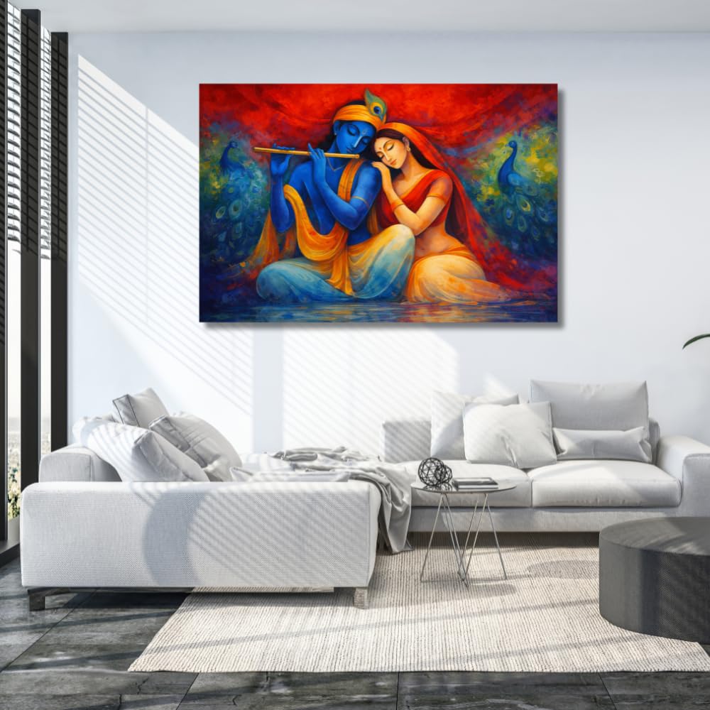 Canvas Radha Krishna Wall Painting For Living Room Big Size | Spritual Wall Art Romantic Radha Krishna Painting For Wall Decoration Large size in Indian Traditional Art | Vastu Home Decor (26 X 18 INCH, Framed - SMALL)