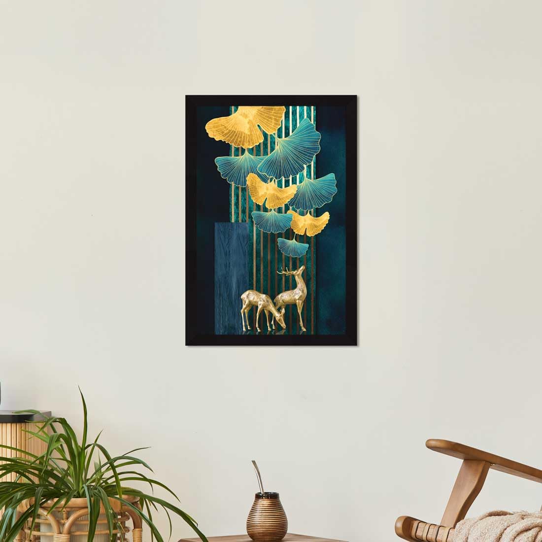 Golden Deer Wall Decor Paintings with Frame for Home Decoration - Painting for Living Room - Framed Painting for Wall Decoration, 12.0 X 18.0 inches, Set Of 1