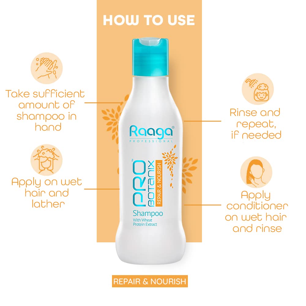 Raaga Pro Botanix shampoo bottle with usage instructions on a white background
