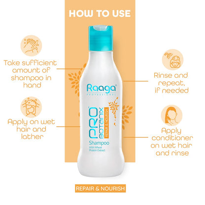 Raaga Pro Botanix shampoo bottle with usage instructions on a white background