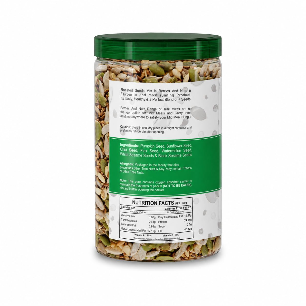 Berries And Nuts Healthy Roasted Seeds Blend | Pumpkin, Sunflower, Chia, Flax, Watermelon, Sesame Seeds | 200 Grams | 1 Bottle of 200 Grams
