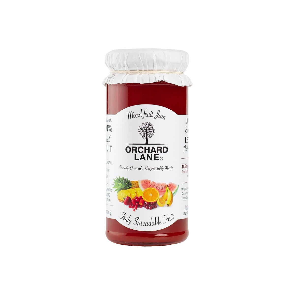 Orchard Lane Low Sugar Mixed Fruit Jam - 81% fruit- No preservatives or colours, only 7 calories per teaspoon | Nutritious spread FOR ALL AGES | Non-fattening jam- 280 grams