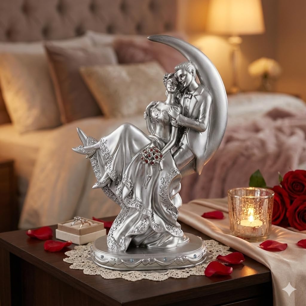 Romantic Loving Couple Showpiece for Valentines, Birthday, Wedding Gifts Decorative Showpiece - 20 cm (Polyresin, Silver)