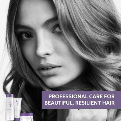 Woman with styled hair and hair care products with text 'Professional care for beautiful, resilient hair'.
