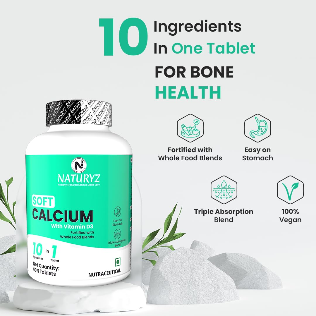 Naturyz Soft Calcium supplement bottle with product details on a white background