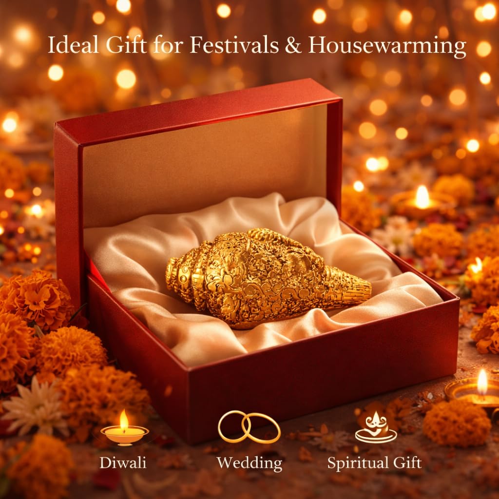 Kalakriti Metal Shankh Showpiece | Antique Gold Plated Carved Conch for Pooja Temple Vastu | Decorative Sankh for Home Décor | Auspicious Diwali Religious Gift (1 Pc)