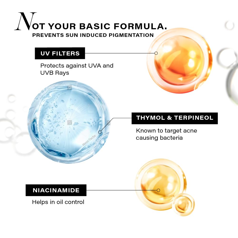 Diagram of UV filters, thymol & terpineol, and niacinamide with text on a white background.