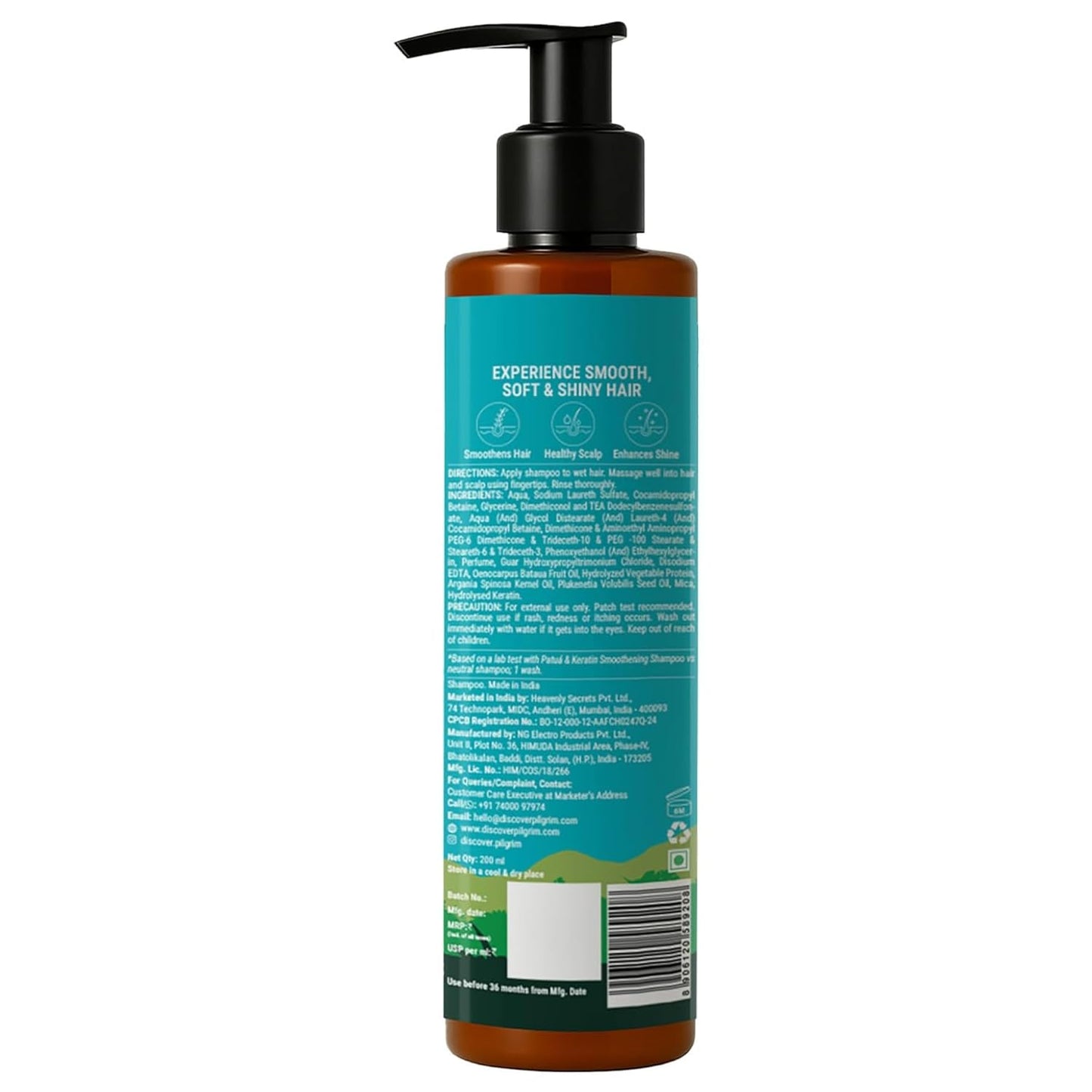 Pilgrim Patua & Keratin Hair SMOOTHENING SHAMPOO for Dry & Frizzy hair | Shampoo for Women & Men | Hair Smoothening & healthy scalp | 200 ml