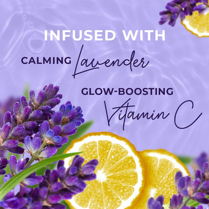 Lavender flowers and lemon slices with text on a purple background