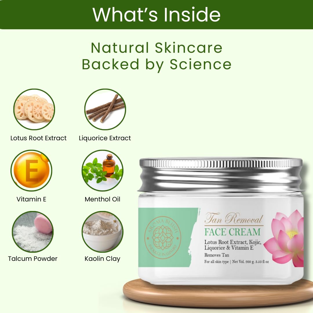 Tan removal face cream with natural ingredients and scientific backing on a green background