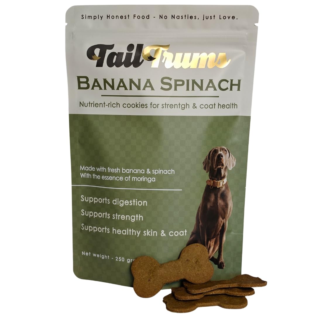 TailTrums Dog Biscuits – Banana & Spinach Cookies with Ashwagandha 250g | Healthy Dog Food | All Breeds |