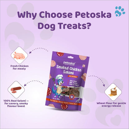 Petoska Smoked Chicken Salami- 100gms | High-Protein Treat for Dogs & Puppies | Made with Real Chicken | Perfect for Training & Snacking | Dogs of All Breeds