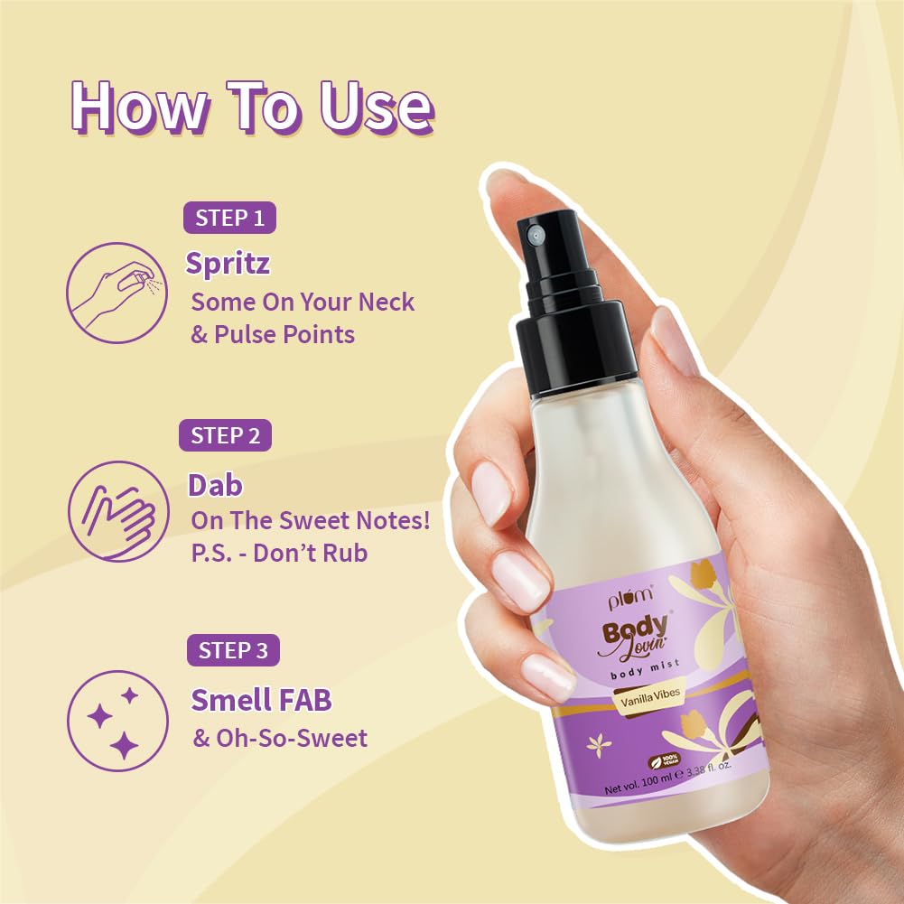 Plum Bodylovin' Vanilla Vibes Body Mist for Women | Long Lasting Vanilla Fragrance with Warm & Cozy Vanila Scent | High on Fun | Travel Friendly Perfume Body Spray - 100ml