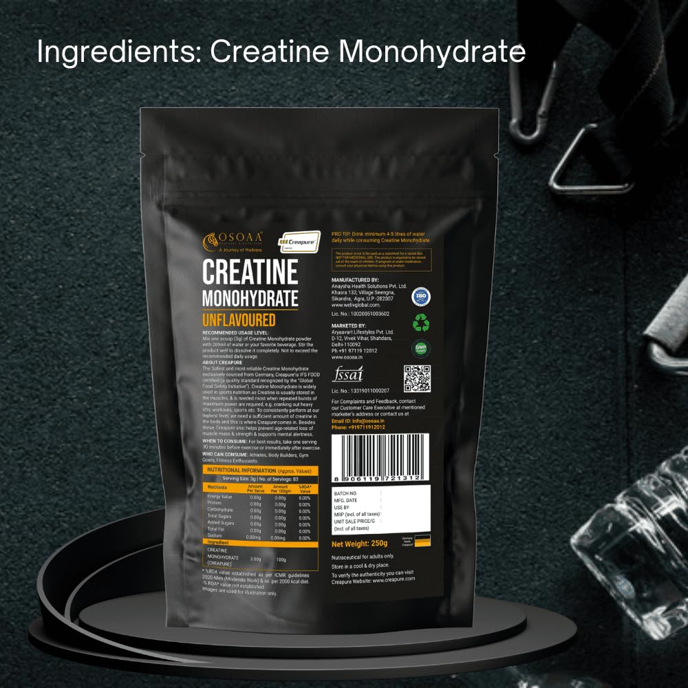 Black package of creatine monohydrate with text and labels on a dark background