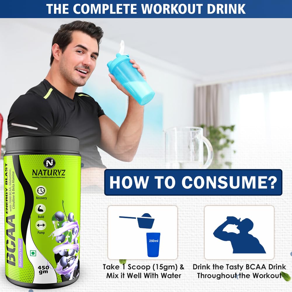 Naturyz Instantized BCAA Supplement with 7000 BCAA, Glutamine, Citrulline, Beta Alanine etc for Energy & Endurance - Pre, Post & Intra Workout Muscle Recovery (Blueberry Mojito) - 450Gms, Powder