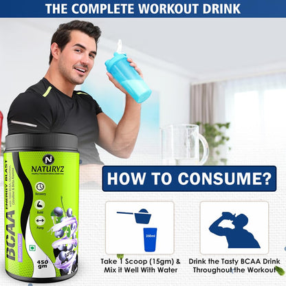 Naturyz Instantized BCAA Supplement with 7000 BCAA, Glutamine, Citrulline, Beta Alanine etc for Energy & Endurance - Pre, Post & Intra Workout Muscle Recovery (Blueberry Mojito) - 450Gms, Powder