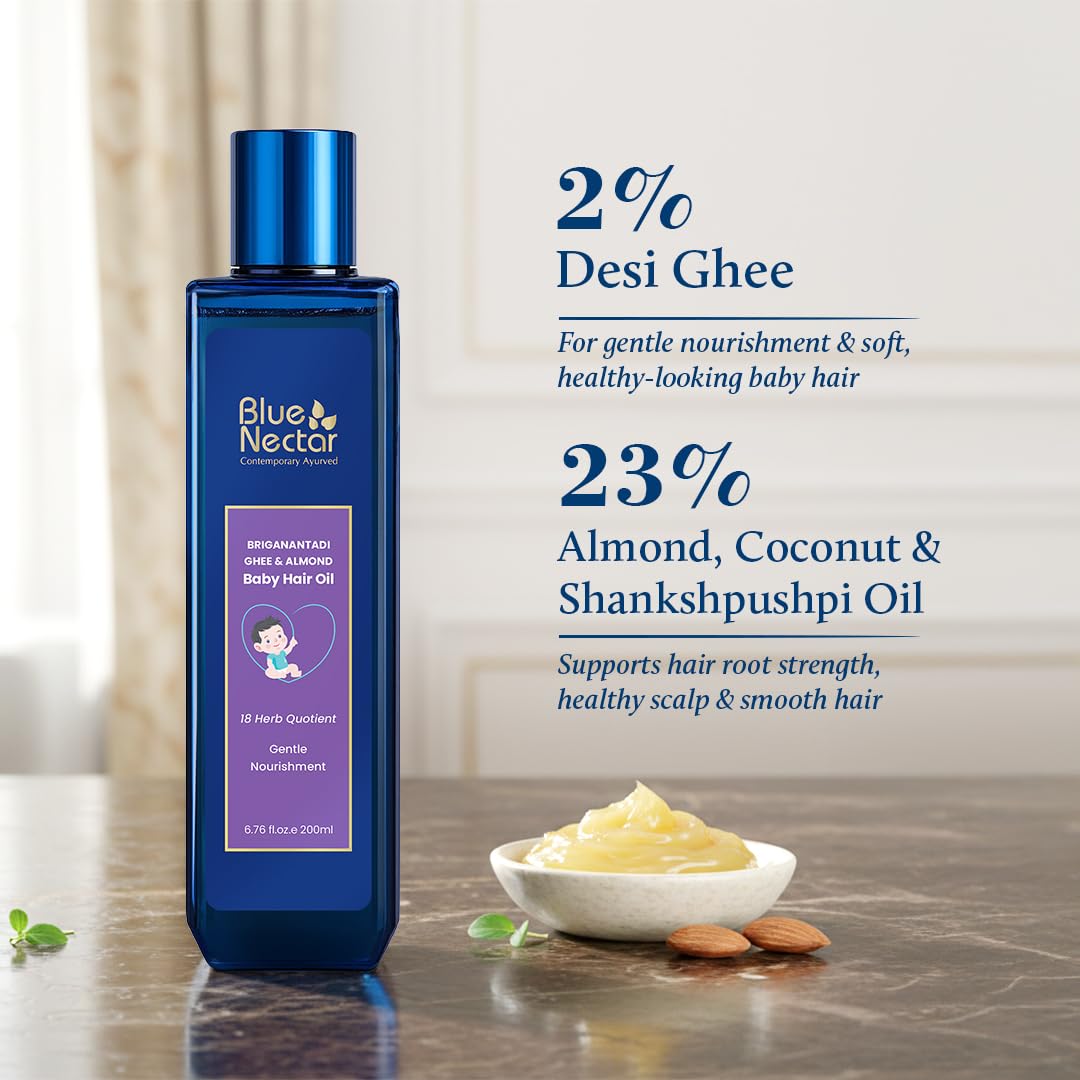 Blue Nectar Ayurvedic Baby Hair Oil with Ghee for Healthy Scalp. 100% Natural Baby Hair Growth Oil with Almond Oil and Olive Oil for Scalp Hydration and Nourishment (18 Herbs, 100 ml )