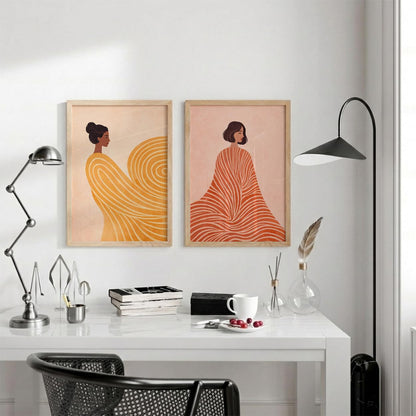 Set of 2 Abstract Woman Framed Wall Painting for Living Room | Modern Aesthetic Wall Art Frame | Minimalist Female Illustration Wall Decor for Bedroom, Hall & Office (M.1, 13x19 inches)