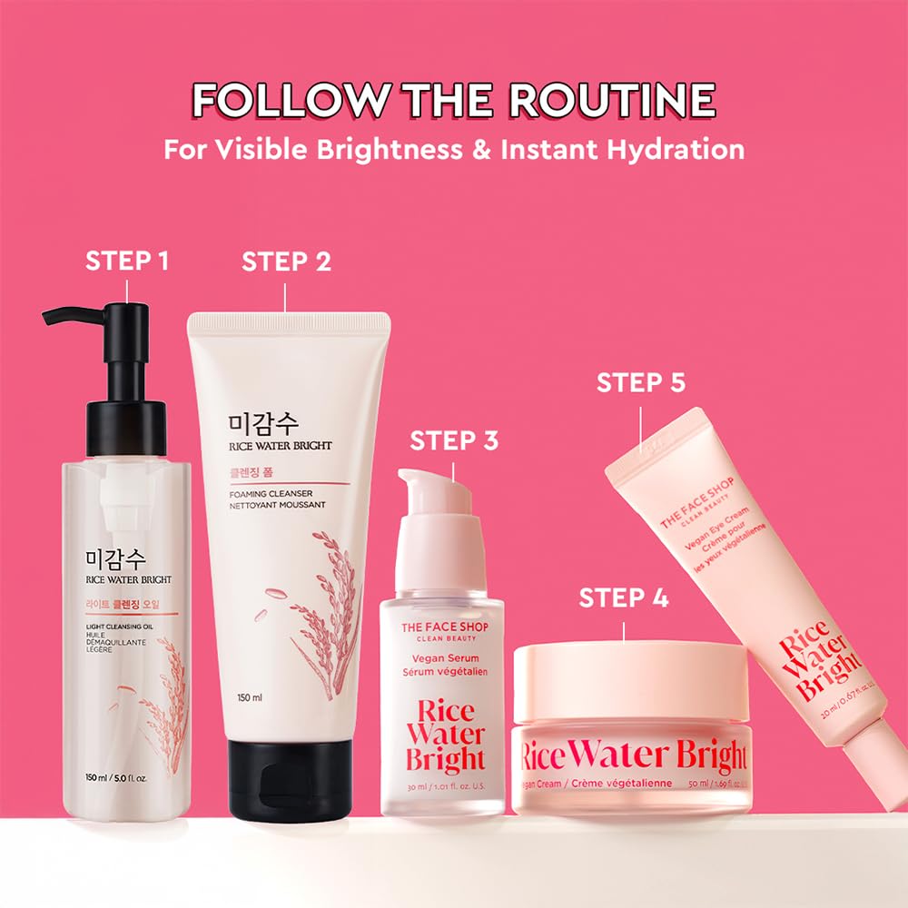 Cosmetic products with step-by-step instructions on a pink background