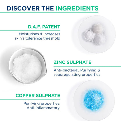 Ingredients of a skincare product with D.A.F. Patent, Zinc Sulphate, and Copper Sulphate displayed.