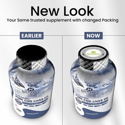 Comparison of NaturaZz Icelandic Pure Cod Liver Oil packaging with 'Earlier' and 'Now' labels.
