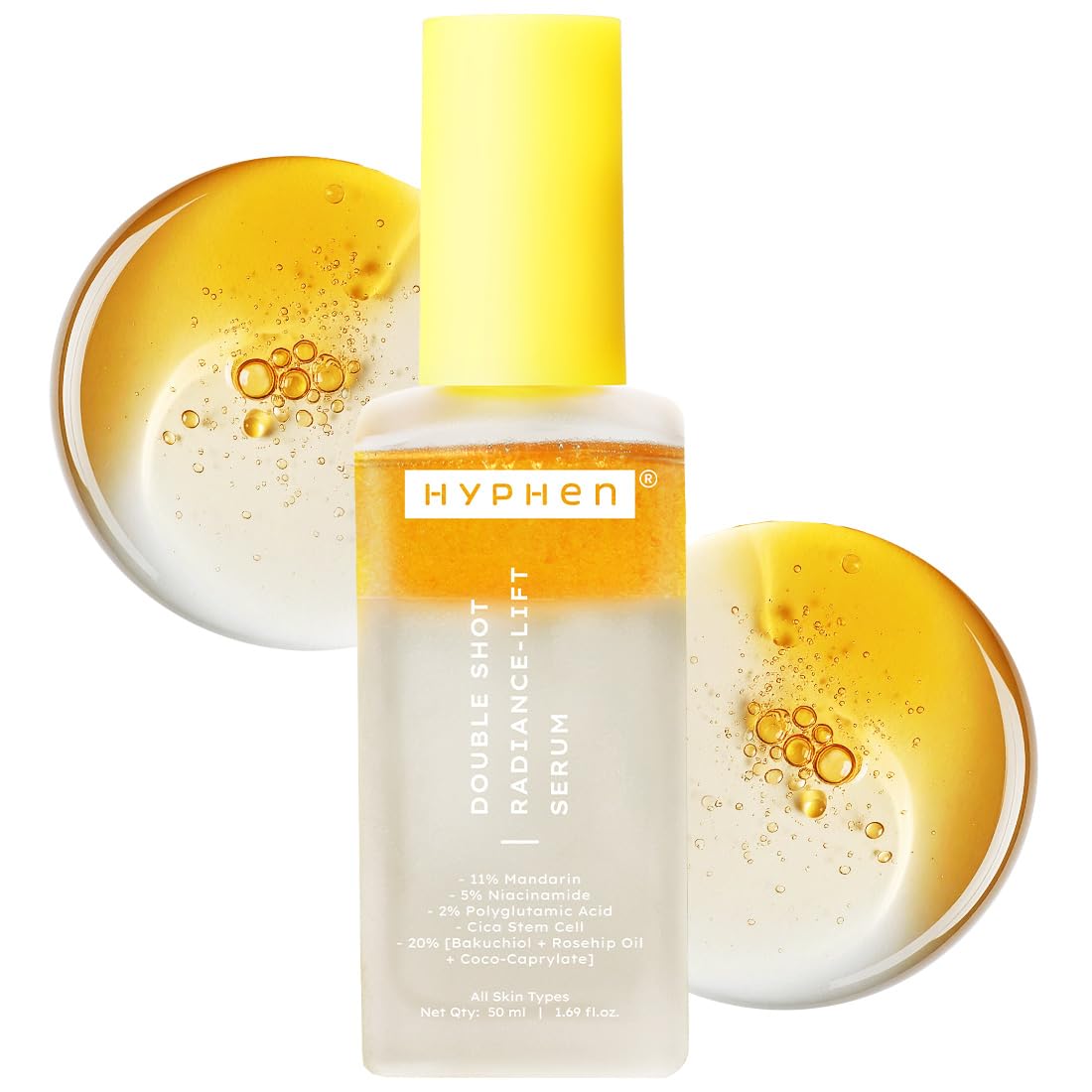 Hyphen Double Shot Radiance Lift Serum bottle with yellow cap and serum droplets on a white background