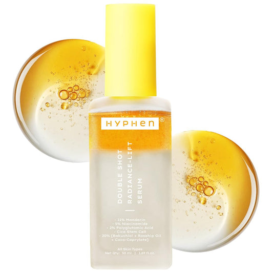 Hyphen Double Shot Radiance Lift Serum bottle with yellow cap and serum droplets on a white background