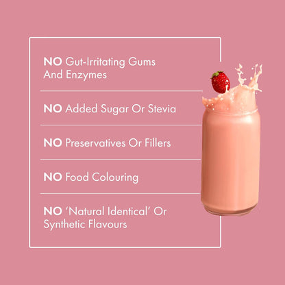 Glass of pink smoothie with a strawberry on a pink background, featuring text about ingredient claims.
