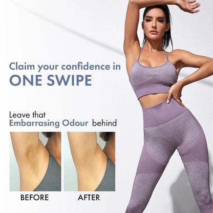 Woman in purple athletic wear with text about confidence and odor removal.
