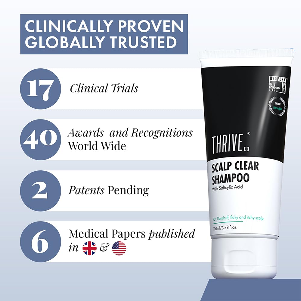 Thrive Scalp Clear Shampoo with clinical credentials on a light blue background