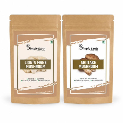 Simply Earth Premium Mushroom Extract Duo: 60g Lion's Mane (100% Pure) + 100g Shiitake Extract Powder - Natural Supplement for Heart, Brain and Immunity