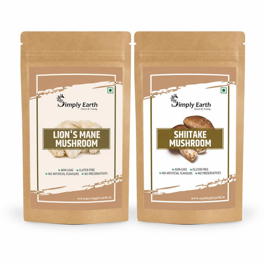 Simply Earth Premium Mushroom Extract Duo: 60g Lion's Mane (100% Pure) + 100g Shiitake Extract Powder - Natural Supplement for Heart, Brain and Immunity