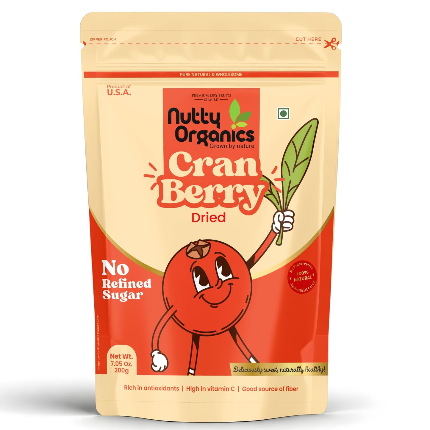 Nutty Organics Dried Cranberry, No Refined Sugar, 100% Natural, Rich in Antioxidants, High in Vitamin C, 200g
