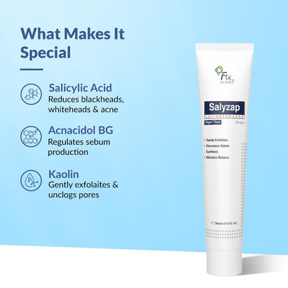 Fixderma Salyzap Lotion Night time, with Salicylic Acid Helps in Moisture Balance, For acne scars, pimples, Unclogs pores, Exfoliator, Soothes redness, Suitable for Oily and Acne-Prone skin, 20ml