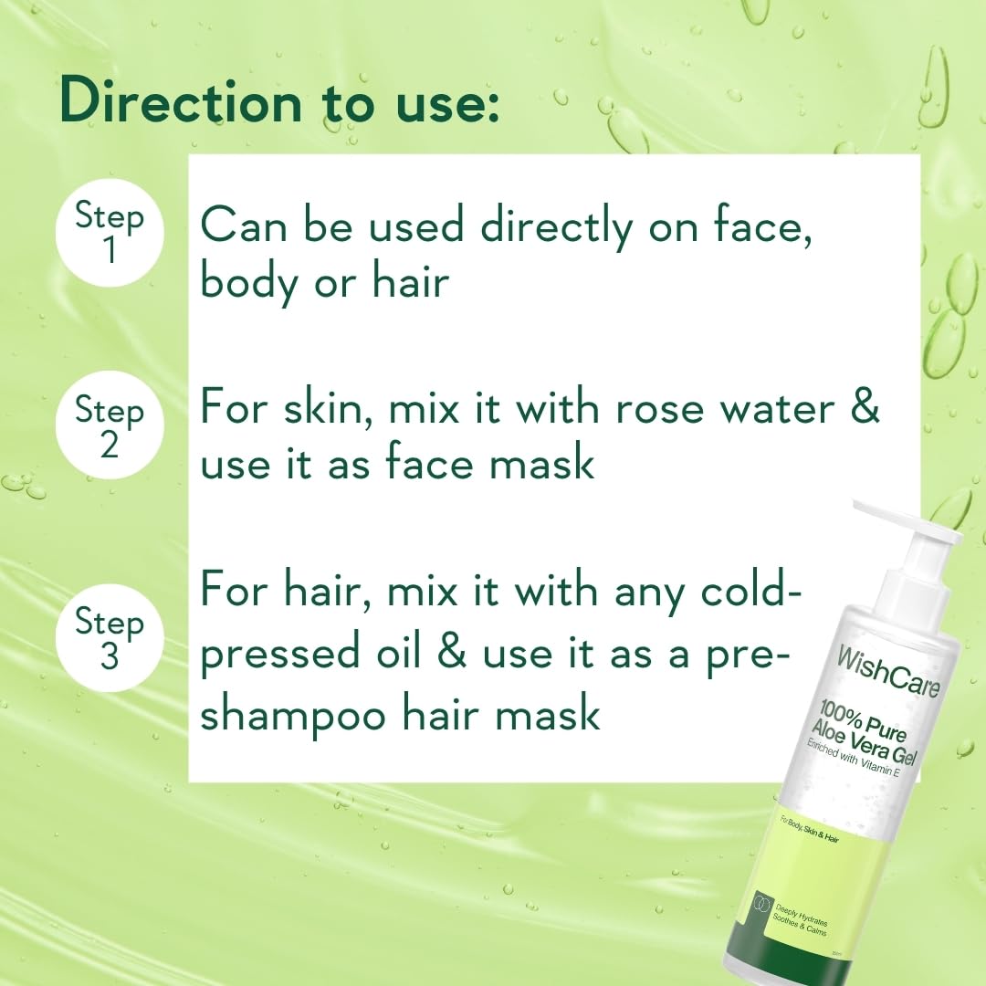 WishCare aloe vera gel with usage instructions on a green background