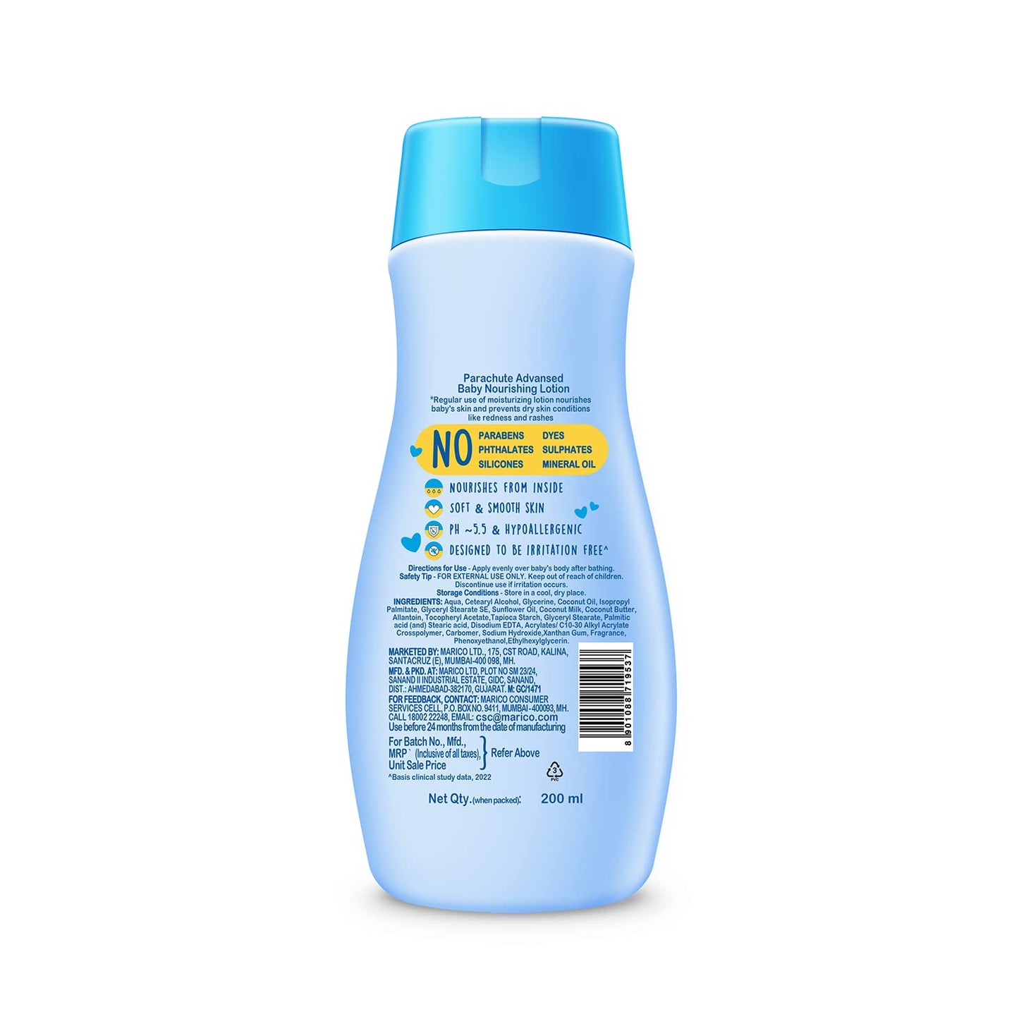 Parachute Advansed Baby Lotion for New Born Babies|Doctor Certified|Virgin Coconut Oil & Coconut Milk|Ph 5.5|24 Hour Moisturization|200Ml, Blue