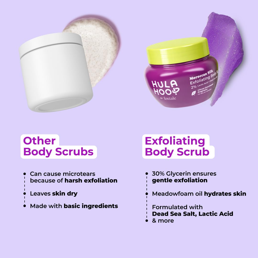 FoxTale Hula Hoop Exfoliating Body Scrub by Foxtale | Smoothes Skin & Fades Tan | Dead Sea Salt + Perlite + Lactic Acid | Prevents Strawberry Skin | Hydrates & Nourishes Skin Barrier