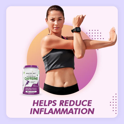 Woman in athletic wear with a supplement container labeled 'Caffeine' on a colorful background