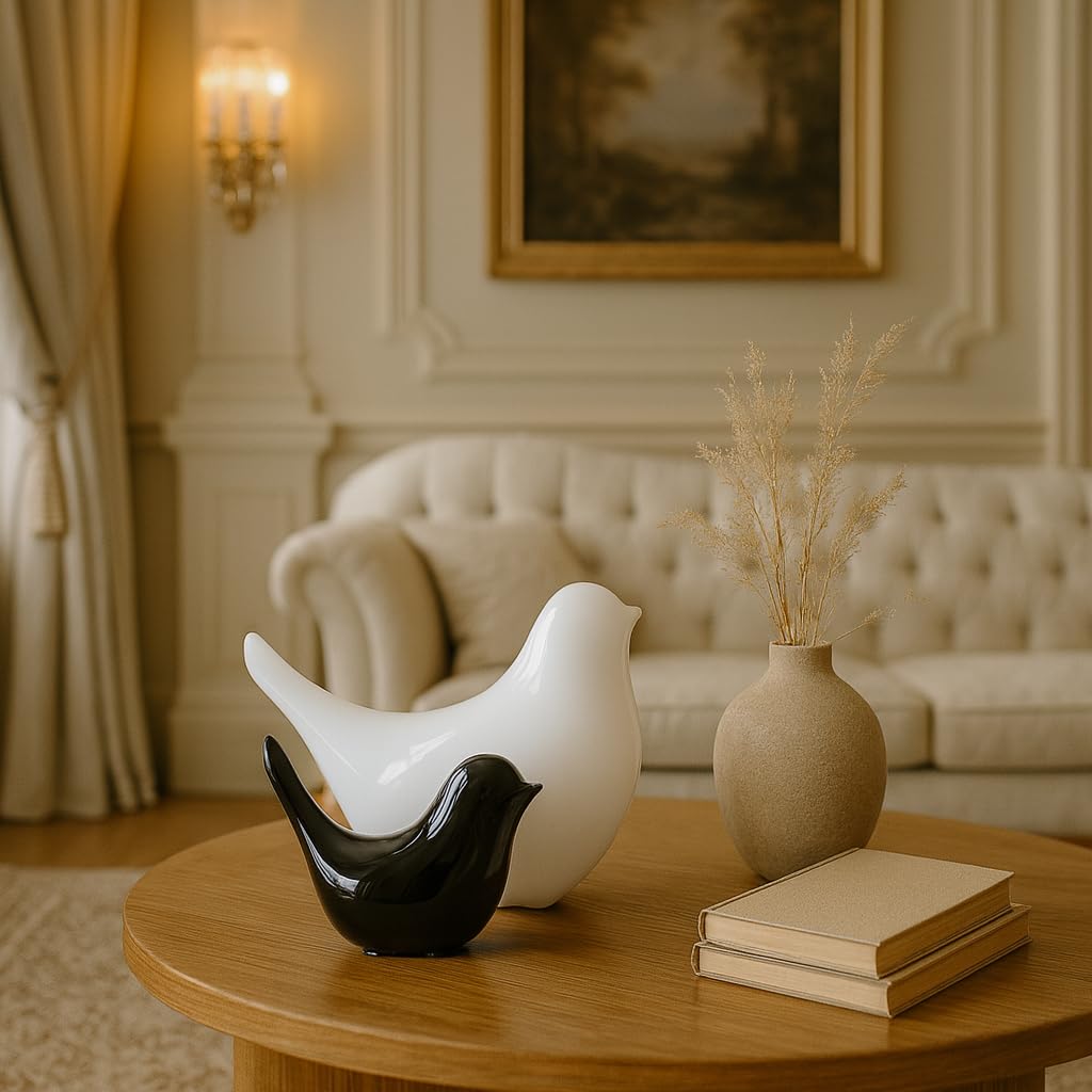 Creative Black and White Glossy Ceramic Birds Figurines Home Decorations Accessories Party (Pack of 2, White and Black)