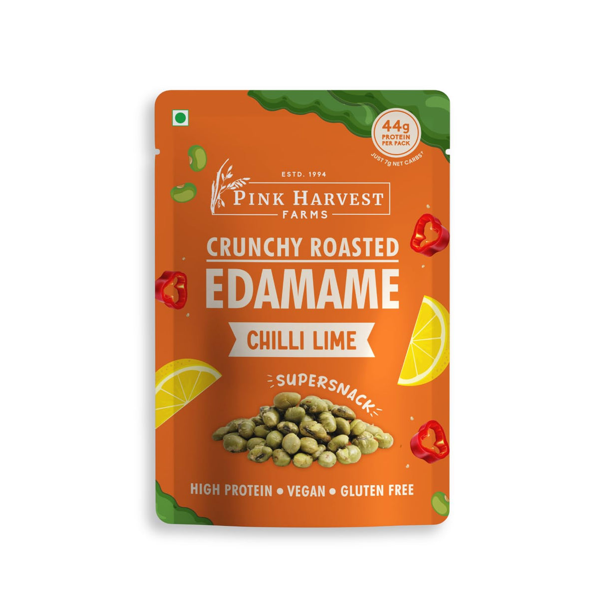 Pink Harvest Farms Crunchy Roasted Edamame Snacks | Chilli Lime Flavor | High Protein Vegan Snack | Gluten Free Healthy Namkeen Alternative | Ready to Eat, 180g