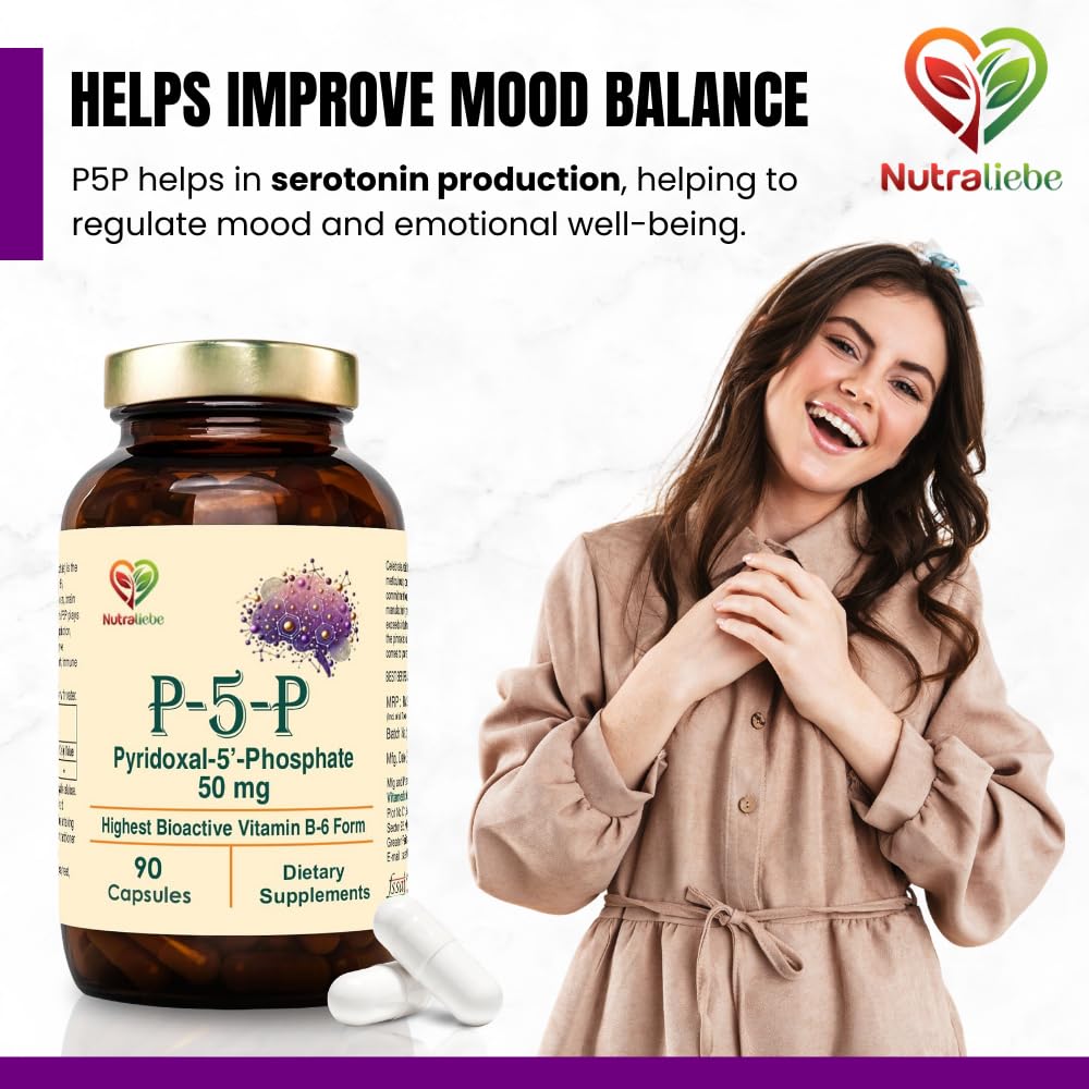 Nutraliebe P5P (Pyridoxal 5’- Phosphate) – Active Vitamin B6 for Energy, Brain Function, and Nervous System Support – 90 Capsules