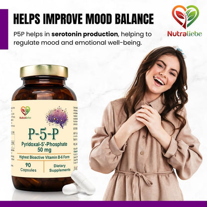 Nutraliebe P5P (Pyridoxal 5’- Phosphate) – Active Vitamin B6 for Energy, Brain Function, and Nervous System Support – 90 Capsules