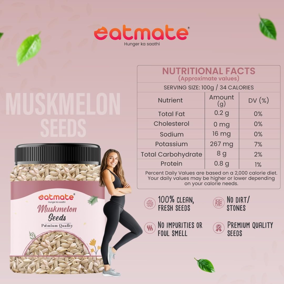 Eatmate Natural Muskmelon Seeds | Kharbooj Magaj | Kharbhuja Beej for Eating | High in Protein, Potassium, Magnesium & Iron | Good for Immunity Booster| Healthy Snack, Topping and Cooking Use (250gm)
