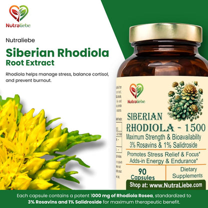 Nutraliebe Rhodiola Rosea 1000 mg – 3% Rosavins & 1% Salidroside – Adaptogenic Stress & Focus Support – Siberian Root Extract – 90 Capsules