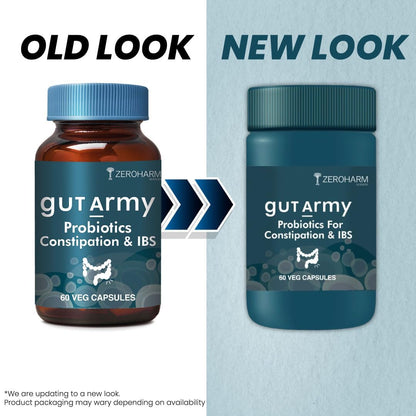 ZEROHARM Gut Army Probiotics for Constipation & IBS | 100 Billion CFU, 11 Strains | Psyllium Husk (Isabgol) & Peppermint | Gas & Bloating Relief, Digestive Comfort, Bowel Regularity | Men & Women | 60 Capsules