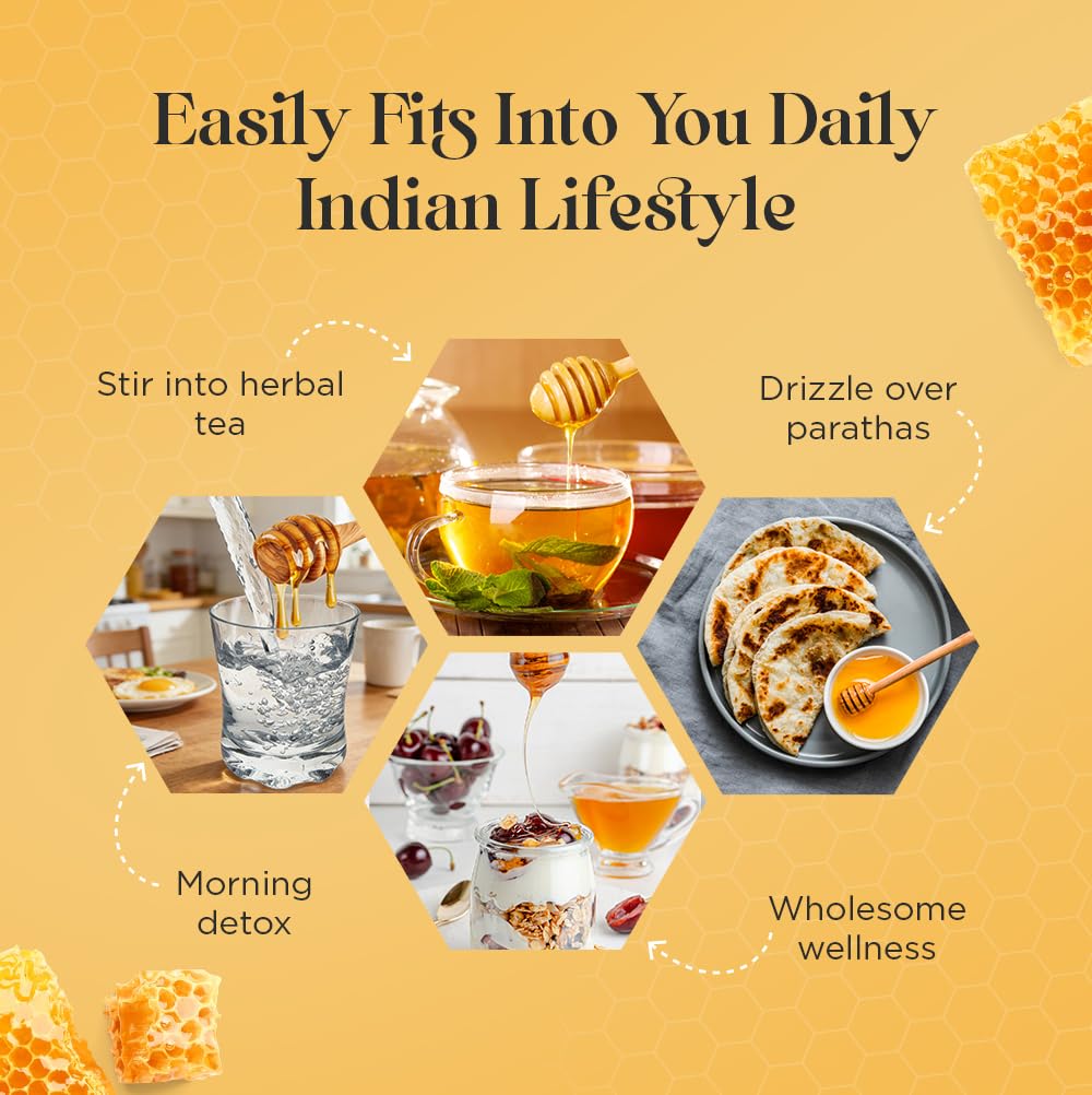 Honey being used in various ways with text on a yellow background