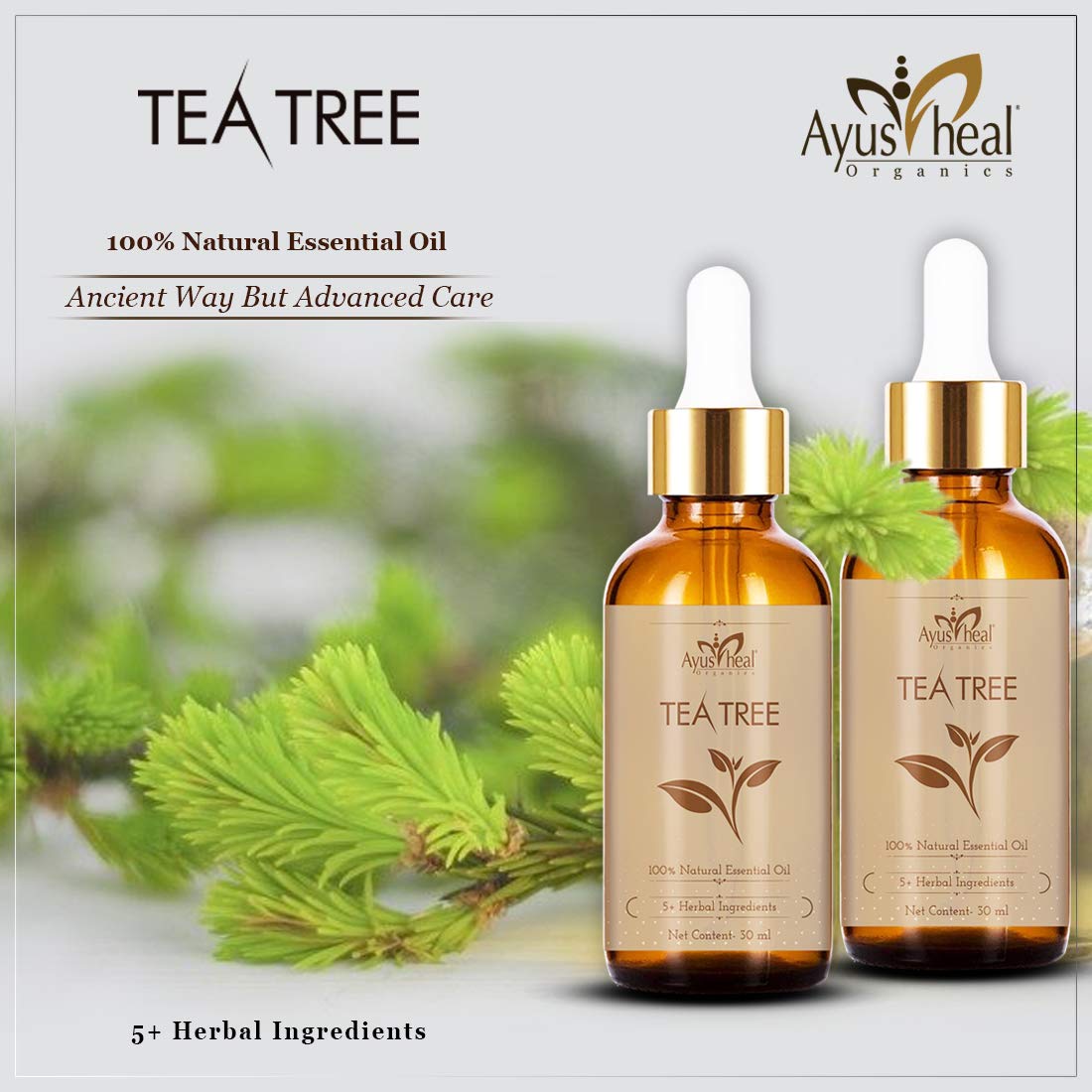 Two bottles of Ayusheal Tea Tree essential oil with green leaves in the background.