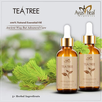 Two bottles of Ayusheal Tea Tree essential oil with green leaves in the background.