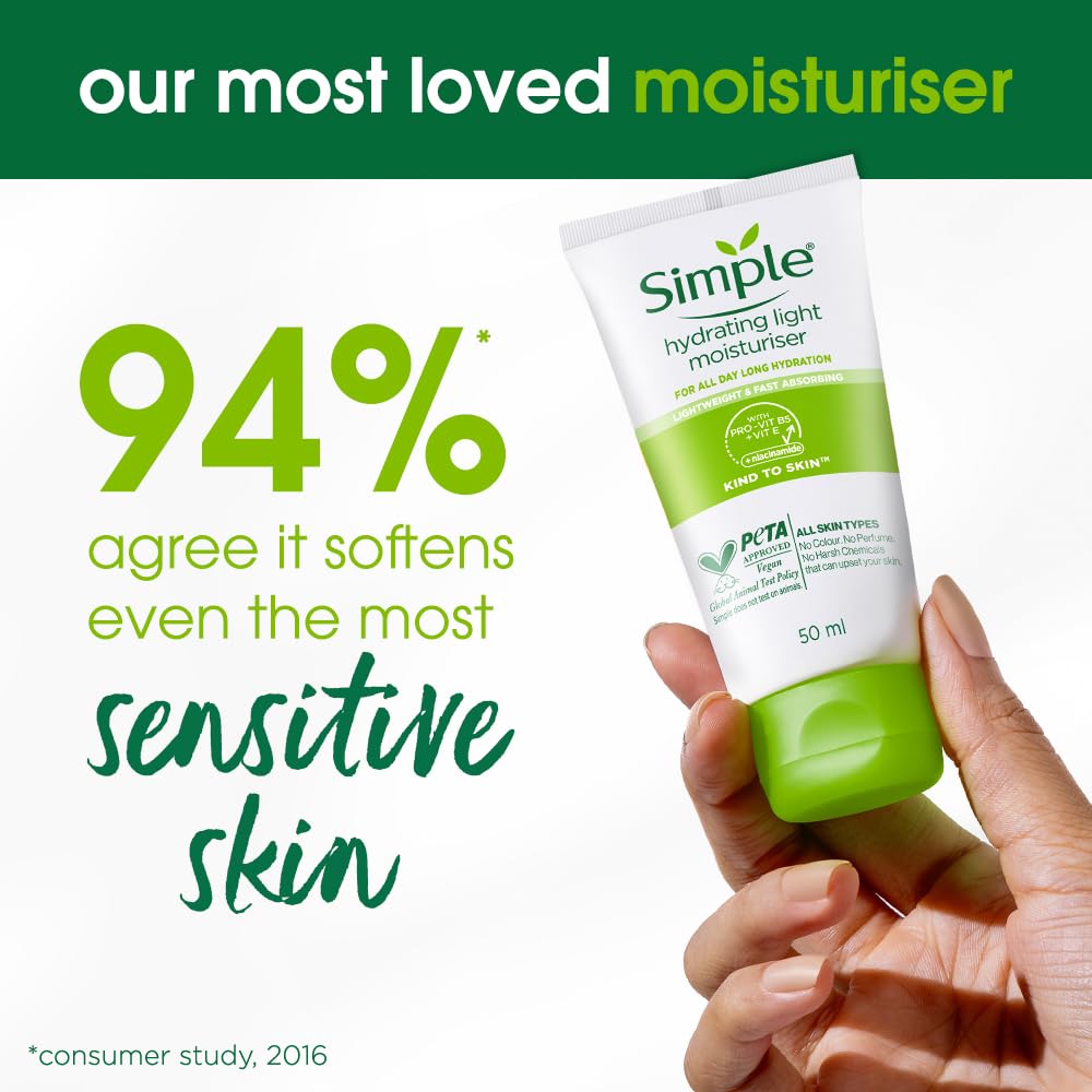 Simple moisturizer tube held by a hand with promotional text on a white background